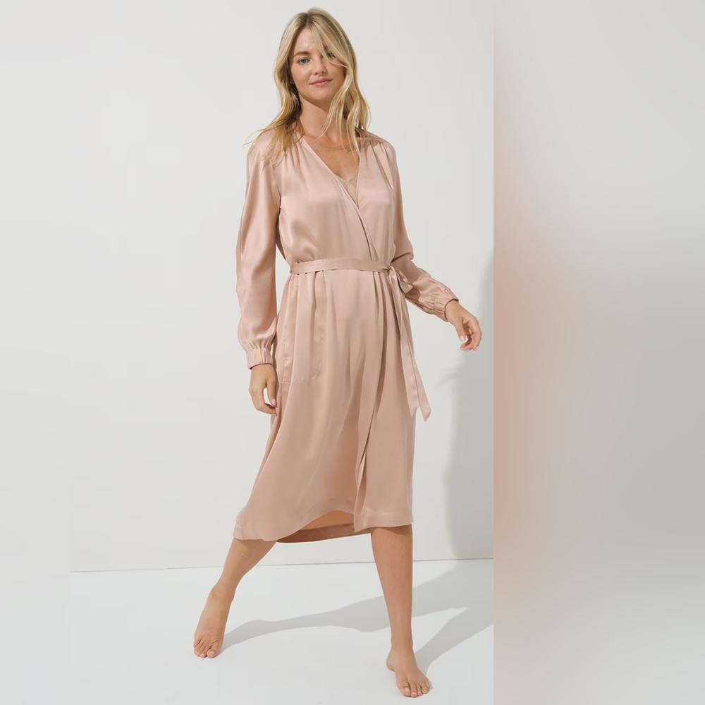 Soma Sensual washable 100% silk robe, medium, blush pink nude neutral